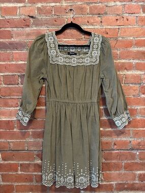 Madewell Olive Green Corduroy Dress with white Embroidery